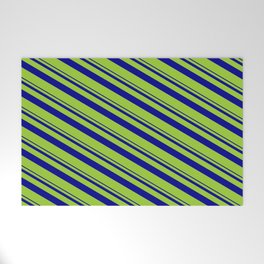 [ Thumbnail: Dark Blue & Green Colored Stripes Pattern Welcome Mat ]