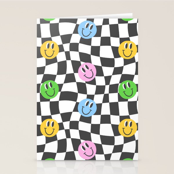 Colorful y2k checker board print with smiling faces Stationery Cards by