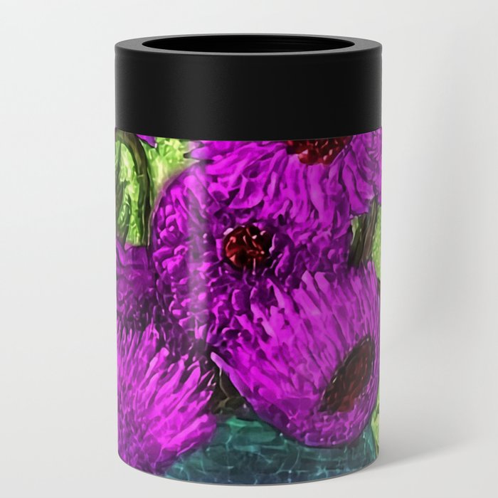 Vincent van Gogh Twelve purple sunflowers with red disk center flowers in a vase still life violet and green background portrait painting Can Cooler