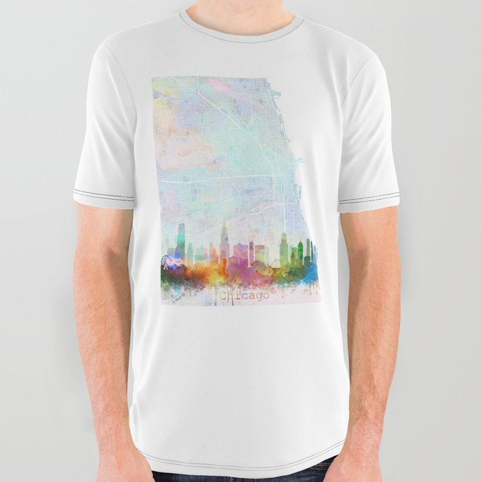 Chicago Skyline & Map Watercolor, Print by Zouzounio Art All Over Graphic Tee