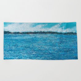 Bayside Oil Pastel Drawing, Prussian Blue Beach Towel