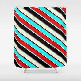 [ Thumbnail: Red, Cyan, Beige, and Black Colored Lines/Stripes Pattern Shower Curtain ]