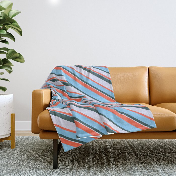 Red, Light Sky Blue, Dark Slate Gray, and Lavender Colored Pattern of Stripes Throw Blanket