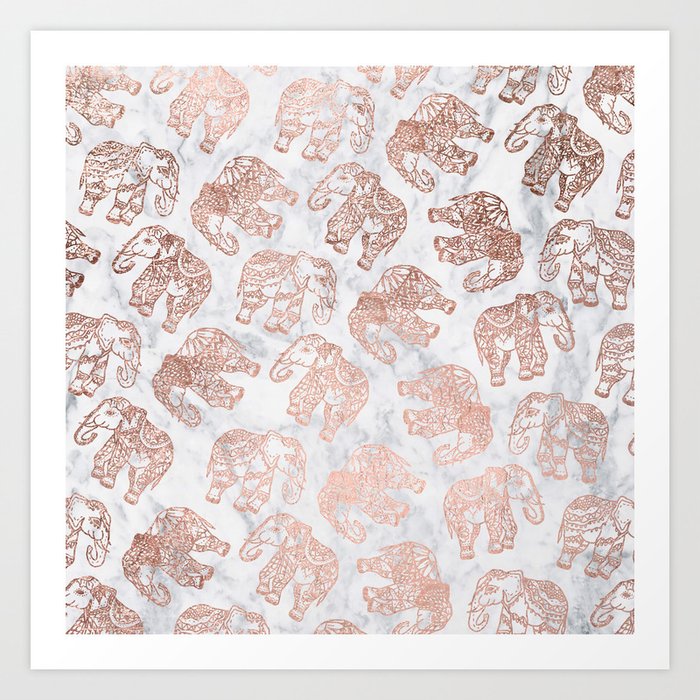 Boho Rose Gold Floral Paisley Mandala Elephants Illustration White