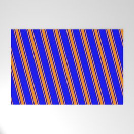 [ Thumbnail: Blue and Dark Orange Colored Lined/Striped Pattern Welcome Mat ]