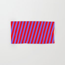 [ Thumbnail: Red and Medium Slate Blue Colored Lines/Stripes Pattern Hand & Bath Towel ]