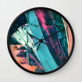 Wild [7]: a bold, colorful abstract mixed-media piece in teal, orange, neon blue, pink and white Wall Clock