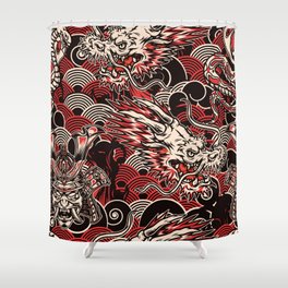 Vintage japanese seamless pattern in monochrome style with poisonous snake fantasy dragon head samurai mask in helmet on waves background vintage illustration Shower Curtain