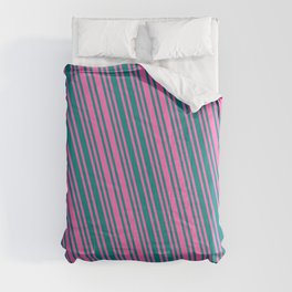 [ Thumbnail: Hot Pink and Teal Colored Pattern of Stripes Comforter ]