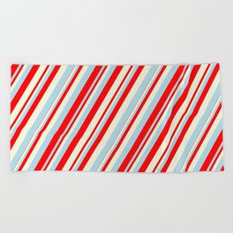 [ Thumbnail: Light Blue, Red, and Beige Colored Lines/Stripes Pattern Beach Towel ]