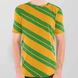[ Thumbnail: Forest Green and Orange Colored Pattern of Stripes All Over Graphic Tee ]