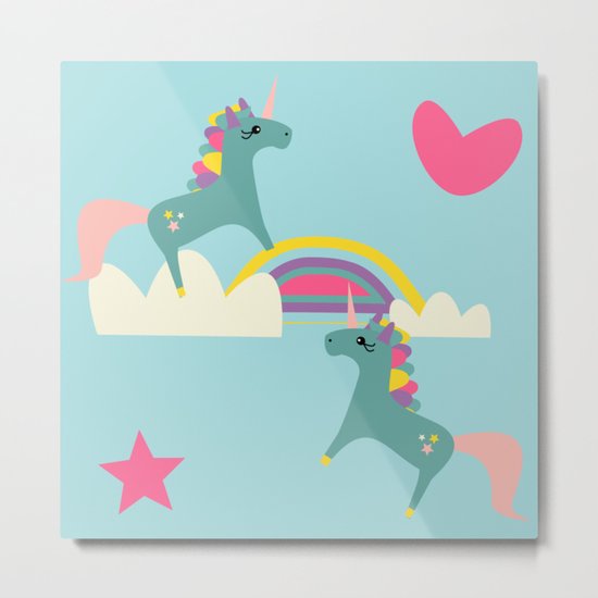 unicorn and rainbow blue Metal Print