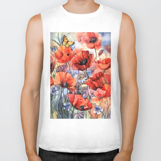 watercolor poppies Biker Tank