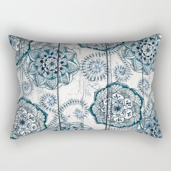 Navy Blue Floral Doodles on Wood Rectangular Pillow