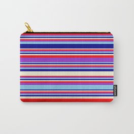 [ Thumbnail: Eye-catching Beige, Red, Dark Orchid, Sky Blue, and Dark Blue Colored Stripes/Lines Pattern Carry-All Pouch ]