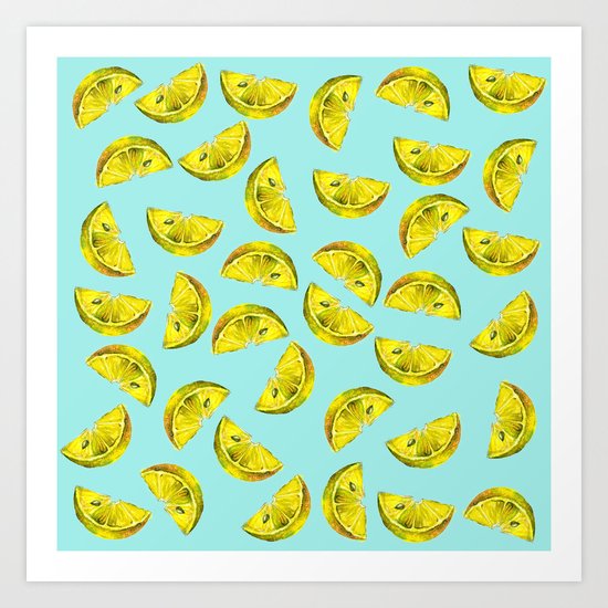 Lemon Slices Pattern Turquoise Art Print