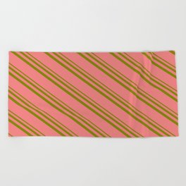 [ Thumbnail: Light Coral & Green Colored Pattern of Stripes Beach Towel ]