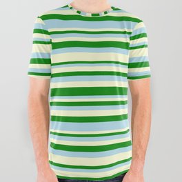 [ Thumbnail: Light Yellow, Green, and Light Blue Colored Lined/Striped Pattern All Over Graphic Tee ]
