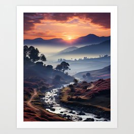 Tranquil Sunrise over Ocean and Countryside Art Print