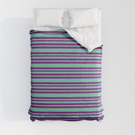 [ Thumbnail: Aquamarine & Purple Colored Striped/Lined Pattern Comforter ]
