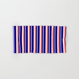 [ Thumbnail: Red, White, and Dark Blue Colored Stripes Pattern Hand & Bath Towel ]