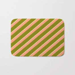 [ Thumbnail: Light Salmon, Green & Tan Colored Striped Pattern Bath Mat ]