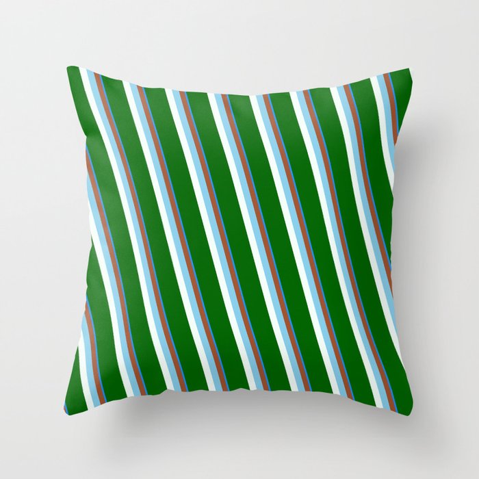 Eyecatching Blue, Sienna, Sky Blue, Mint Cream & Dark Green Colored Stripes/Lines Pattern Throw Pillow