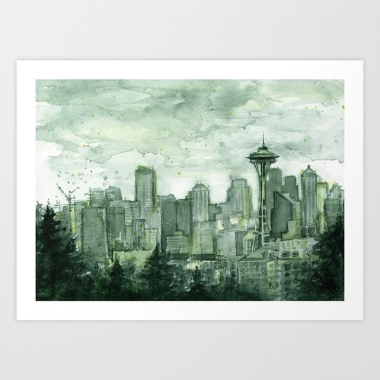 Seattle Skyline Watercolor Space Needle Emerald City 12th Man Art Art Print