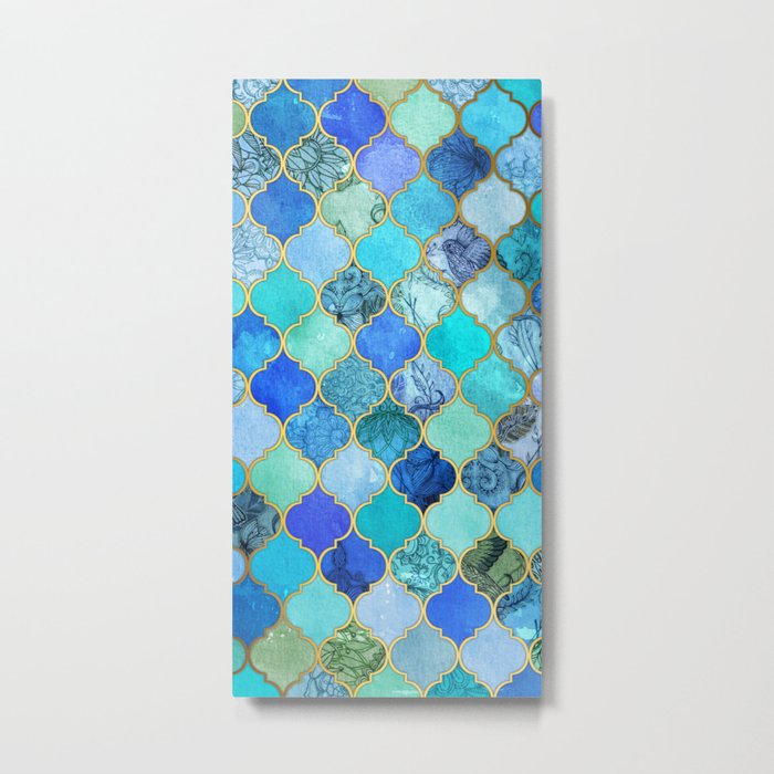 Cobalt Blue, Aqua & Gold Decorative Moroccan Tile Pattern Metal Print