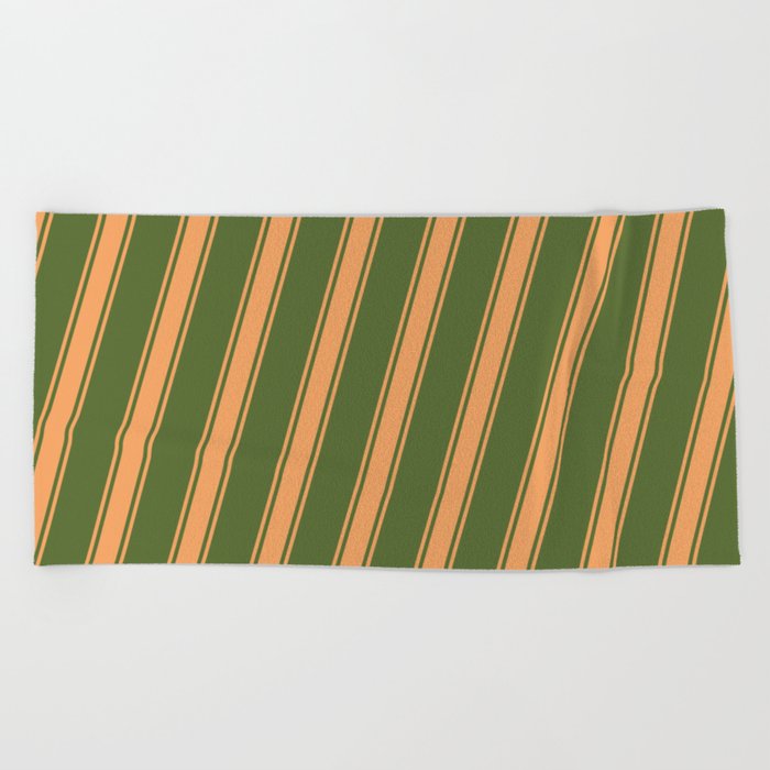 Dark Olive Green & Brown Colored Stripes/Lines Pattern Beach Towel