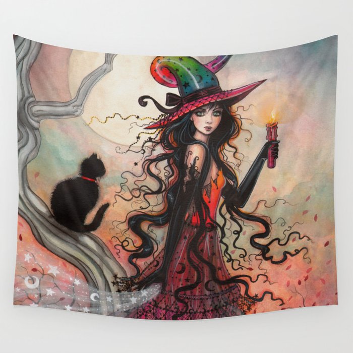 October Flame Halloween Witch and Black Cat Illustration Wandbehang