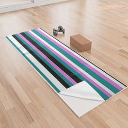 [ Thumbnail: Orchid, Teal, Black, and Mint Cream Colored Striped/Lined Pattern Yoga Towel ]