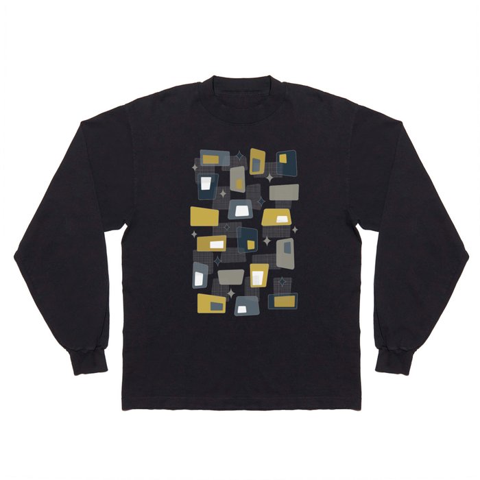 Atomic Age - Mid Century Modern Blocks in Navy Blue, Grey, Mustard Yellow and Beige Long Sleeve T Shirt
