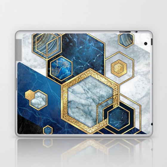 Art Deco Midnight Blue + Gold + White Marble Abstract Geometry Laptop & iPad Skin