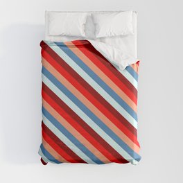 [ Thumbnail: Colorful Light Salmon, Blue, Light Cyan, Dark Red & Red Colored Stripes/Lines Pattern Duvet Cover ]