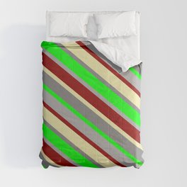 [ Thumbnail: Colorful Lime, Dark Grey, Dark Red, Pale Goldenrod, and Grey Colored Stripes/Lines Pattern Comforter ]