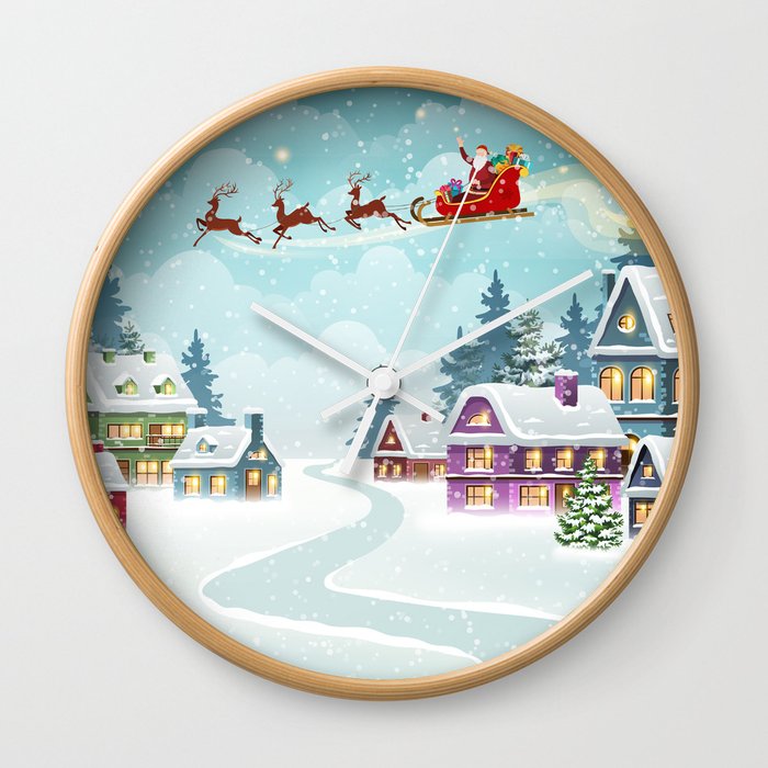 Santa and Reindeer on Christmas Background. Winter Christmas scene with snow covered houses and pine forest. Holiday vintage Background Wall Clock