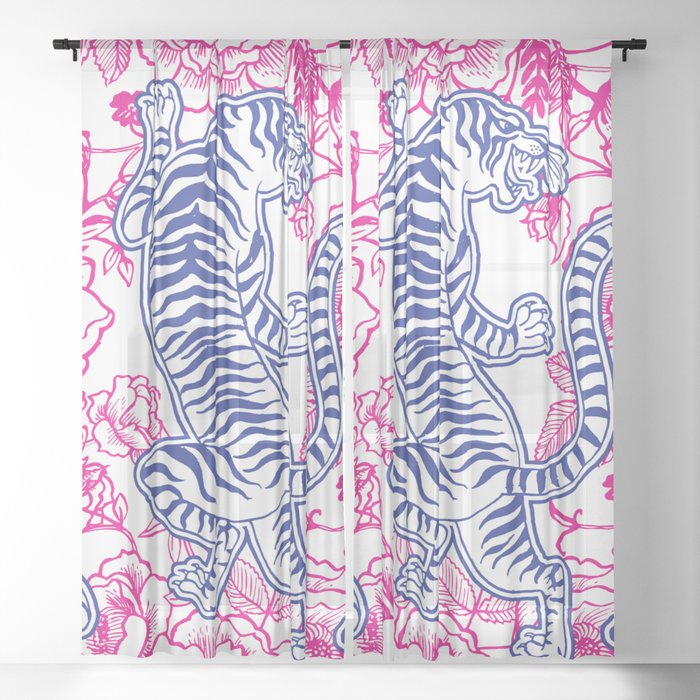 Vintage Chinese Tiger Fuchsia & Blue Pattern Sheer Curtain