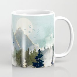 Misty Pines Coffee Mug | Bohemian, Graphicdesign, Boho, Fog, Forest, Sun, Birds, Nature, Pines, Digital 