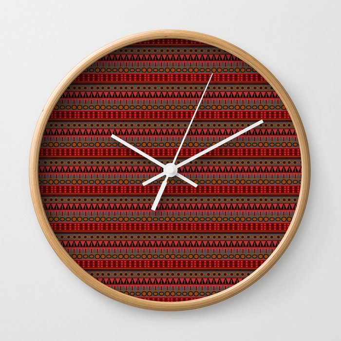 Aztec Tribal Motif Pattern in Red Mustard Salmon and Charcoal Wall Clock
