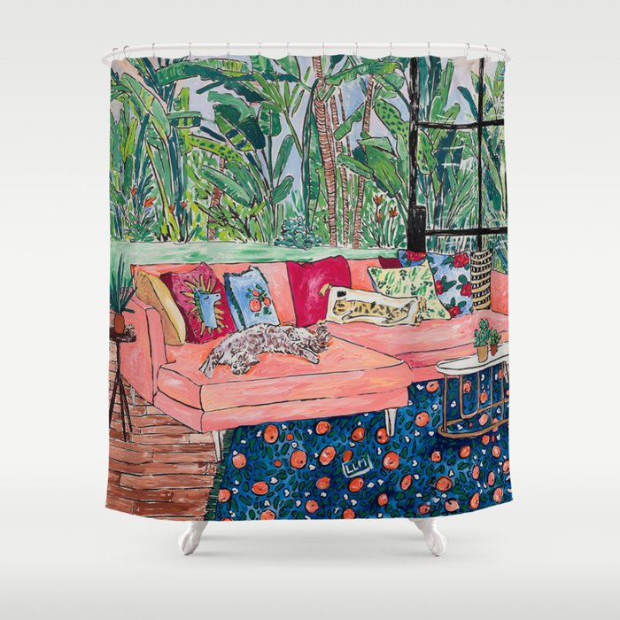 Napping Brown Tabby Cat on Pink Couch with Jungle Background Painting After Matisse Shower Curtain