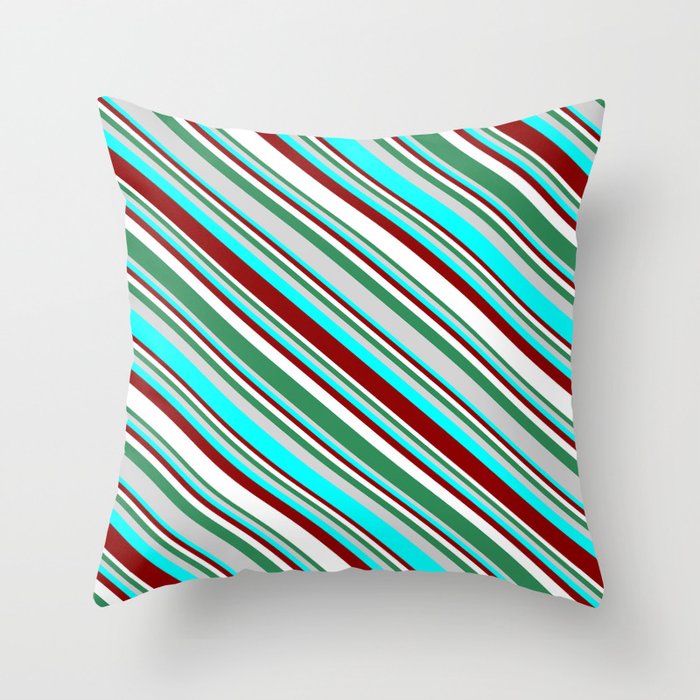 Eyecatching Sea Green, Light Grey, Cyan, Dark Red, and White Colored Lines Pattern Throw Pillow