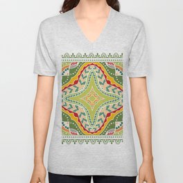 Decorative colorful background, geometric floral doodle pattern with ornate lace frame. Tribal ethnic mandala ornament. Bandanna shawl, tablecloth fabric print, silk neck scarf, kerchief design V Neck T Shirt