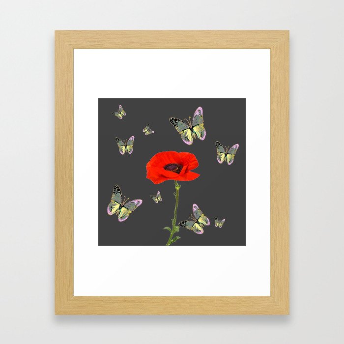RED POPPY FLOWER & GREY BUTTERFLIES Framed Art Print