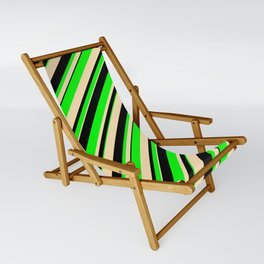 [ Thumbnail: Beige, Black & Lime Colored Lined/Striped Pattern Sling Chair ]