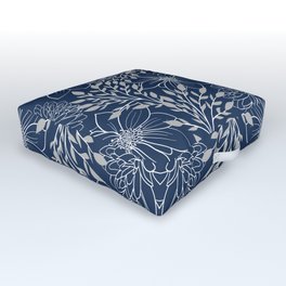 Festive, Floral Prints and Leaves, Line Art, Navy Blue and Gray Outdoor Floor Cushion