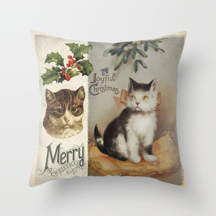 Merry Catmas vintage cat xmas illustration Throw Pillow by