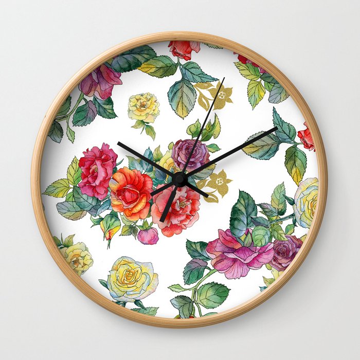 Seamless pattern with watercolor multicolored roses Wall Clock