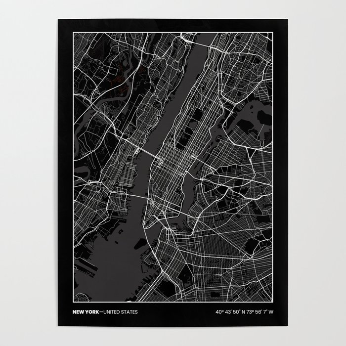 New York City Black Map Poster