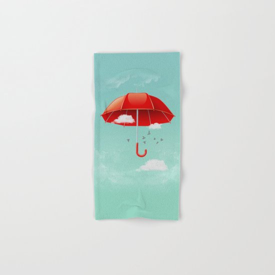 Teal Sky Red Umbrella Hand & Bath Towel